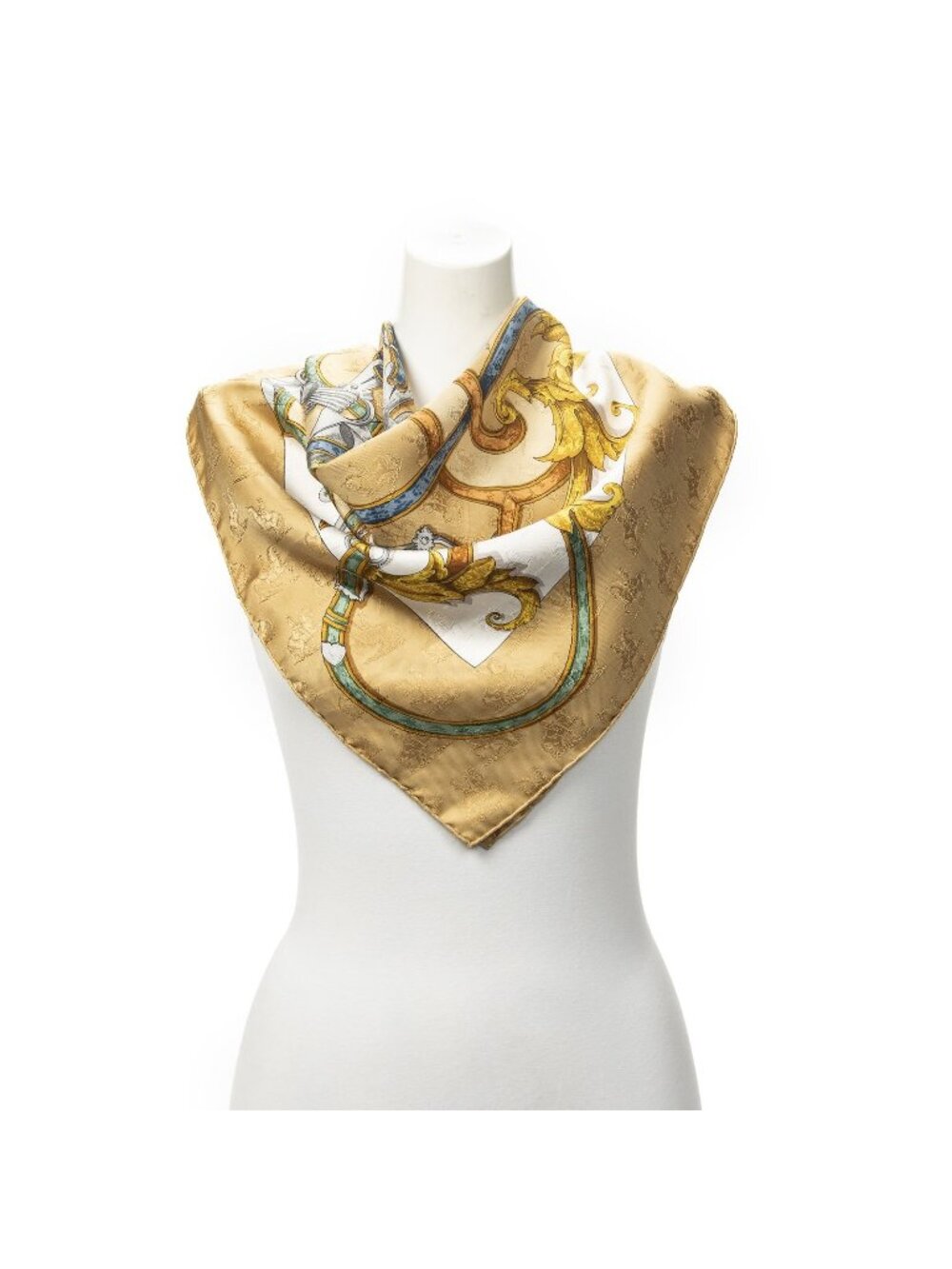 Hermes Scarf Beige White Goldjacquard Silk